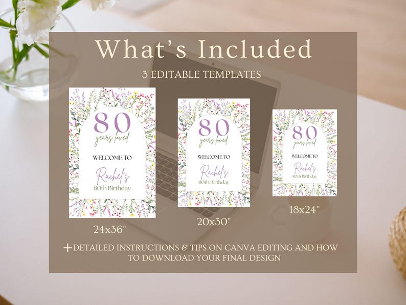 Modelo de placa de boas-vindas floral para aniversário de 80 anos ...