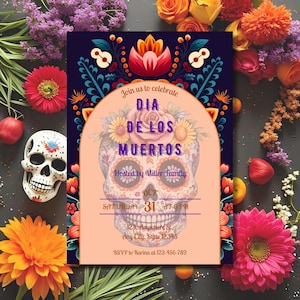 Dia de los Muertos Einladung, Halloween Party einladen, Mexikanische Feier, Einladung druckbare Vorlage