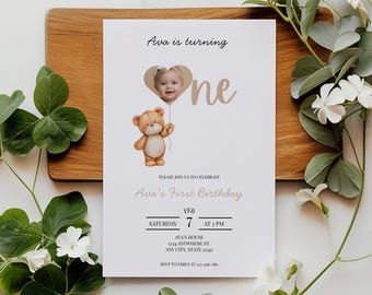 Teddy Bear First Birthday Invitation Template, Editable Photo Invite