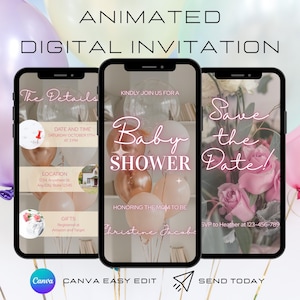 Animated Baby Shower Invitation, Girl Baby Shower Video Invite, Baby Shower Celebration Evite, Editable Invitation Template