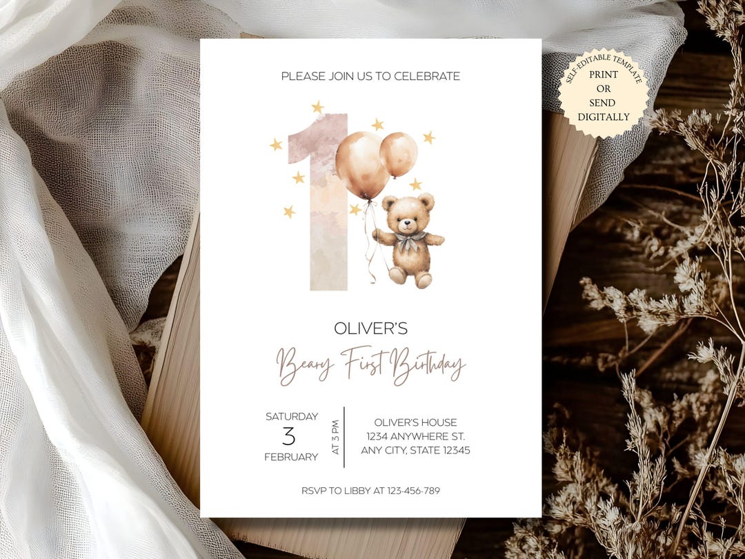 Beary First Birthday Invitation | Teddy Bear 1st Birthday Party Invite ...