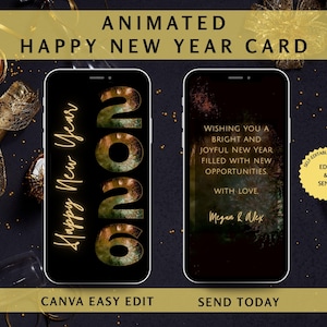以下が含まれることがあります： 2 つのスマートフォンを備えたアニメーションの新年カードのデザイン。1 つは金色の「2026」を表示し、もう 1 つは新年のメッセージを表示します。カードには「新しい機会に満ちた明るく楽しい新年をお祈りします」というテキストが含まれています。