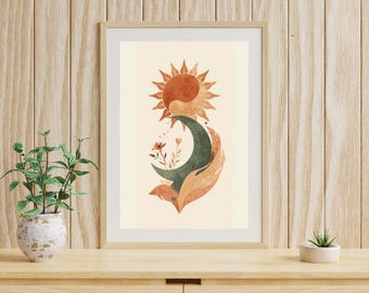Boho Sonne & Mondsichel Illustration - Sofortiger digitaler Download für Boho Wandkunst