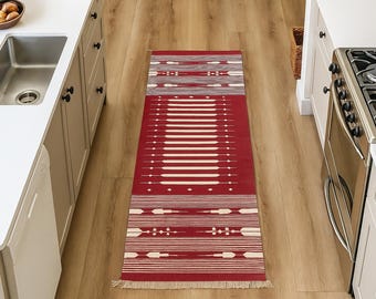 Multi-Size Red And White Striped Cotton Runner – Handwoven, Reversible & Washable Hallway Rug |  Handmade Indian Carpet
