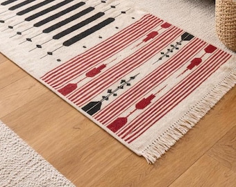 Multi-Size Off White, Red, Dark Blue Striped Cotton Runner – Handwoven, Reversible & Washable Hallway Rug