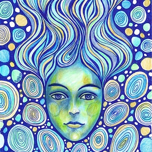 Line Art Drawing – Girl Floating in River with Flowing Hair, A4 Ink on Paper, Signed Original Minimalist Artwork