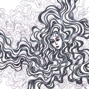 Black and White Line Art, Girl with Flowing Hair, A4 Original Illustration, Minimalist Figurative Drawing, Artwork, Painting, Gift Idea