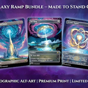 May include: The image showcases three holographic alt-art cards from the Galaxy Ramp Bundle. The cards feature vibrant cosmic artwork with the text "Command Tower", "Sol Ring", and "Arcane Signet". The cards are labeled "HOLOGRAPHIC ALT-ART | PREMIUM PRINT | LIMITED RUN".