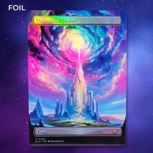 May include: A foil trading card featuring a vibrant fantasy landscape. The card displays a towering structure with a bright light emanating from the top, set against a swirling galaxy of pink, blue, and yellow hues. The text "Command Tower" is visible.