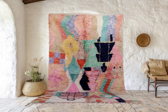 Moroccan berber rug, Moroccan rug, Beni Ourain rug, wool Carpet rug, geometric area rug, 8x10 Handmade rug, floor rug, Boho rug, Pink Blue