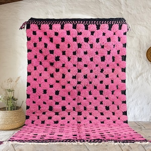 Moroccan Checker rug, Beni ourain Living room floor rug, Berber Moroccan Carpet, Tufted rug, Hand-knotted rug, 8x10 large rug, Pink black