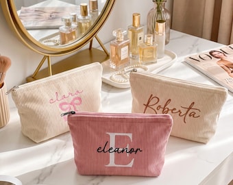 Pochette per il trucco in velluto a coste personalizzate, pochette per il trucco in velluto a coste su misura, sacchetti regalo per damigelle d'onore, bomboniere, trousse da toilette con monogramma, borse da viaggio