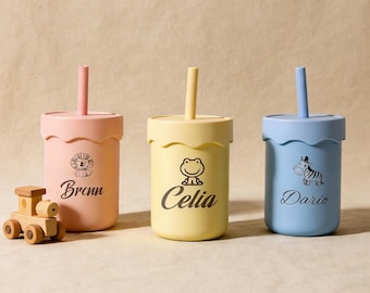 Custom Engraved Silicone Sippy Cup with Straw, Toddler Training Cup