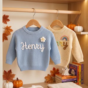 May include: A light blue knit sweater with the white embroidered name Henry and a small white flower appliqué, alongside a cream knit sweater featuring a colorful rainbow and brown embroidered text, both hanging on wooden hangers.