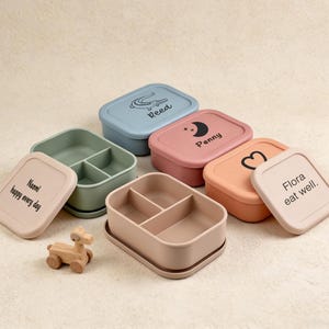 May include: A selection of rectangular lunch boxes in pastel shades of blue, pink, and peach. Each box has a lid with a name and design, including a crocodile, moon, and heart. A small wooden toy horse is also present.