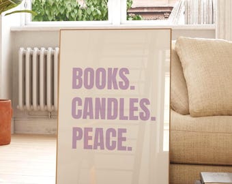 Books Candles Peace Print, Reading Wall Art, Book Lover Decor, Digital Download