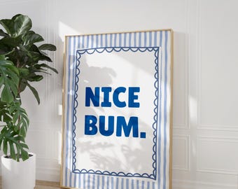 Nice Bum Print, Funny Bathroom Wall Art, Blue Typography Poster, Bold Restroom Sign, Trendy Dorm Art, Digital Download Decor