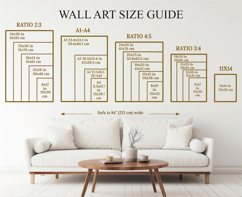 May include: A wall art size guide chart displaying various frame dimensions in inches and centimeters, categorized by ratios 2:3, A1-A4, 4:5, 3:4, and 11x14. Below the chart, a white sofa is shown with a label stating the sofa is 84 inches wide.
