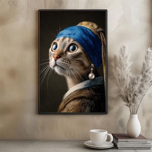 Girl with a Pearl Earring Cat Poster Vermeer Style Cat Wall Art Digital Download and Physical Poster for Cat Lovers