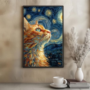 Starry Night Cat Poster Van Gogh Style Oil Painting Cat Wall Art Digital Download and Physical Poster for Cat Lovers and Home Decor