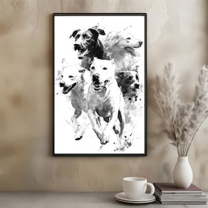 Affiche de chiens en noir et blanc Illustration artistique de chien qui court en téléchargement numérique et affiche physique pour les amoureux des chiens