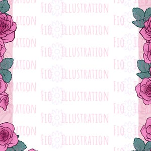 Può includere: Illustrazione rosa e bianca con un bordo di rose rosa e foglie verdi. Il testo "69 Roses" è in alto e le parole "FIO ILLUSTRATION" sono ripetute sullo sfondo.