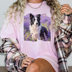 Oil - Painted Border Collie in Lavender Field Tee,Border Collie Lavender Art Graphic Tee, Artistic Border Collie in Purple Flowers Tee