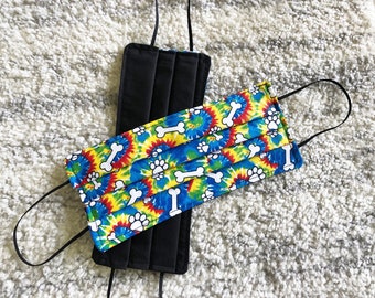Fabric Face Mask- Rainbow Tie Dye Paw Print Fabric, Cotton, Reusable, USA made, Ready to ship