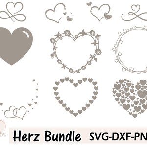 Könnte beinhalten: Eine Sammlung grauer Herzdesigns in verschiedenen Stilen, darunter solide, umrandete und floral verzierte Herzen. Das Bild enthält auch den Text "Herz Bundle SVG-DXF-PNG-EPS".