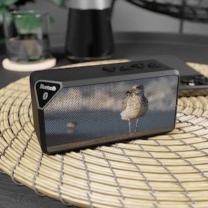 May include: Black rectangular Bluetooth speaker with a bird image on the front. The speaker has a mesh grill and control buttons on top. The Bluetooth symbol is visible on the front. The speaker is on a woven mat.