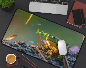 Bullfrog on Log Desk Mat | Morning Sun Amphibian Nature Scene