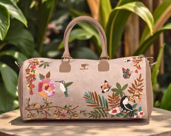 Duffle Bag for Women, Large Beige Floral Weekender Travel Bag for Overnight Trips