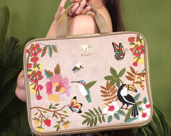 Embroidered Laptop Sleeve for 13-16 Inch Devices Floral Vegan Leather MacBook Case Air/pro