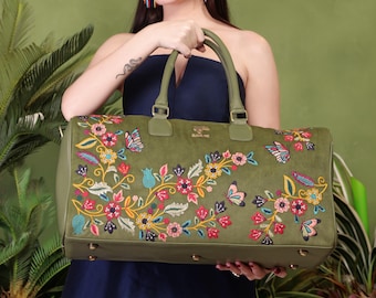 Duffel Bag for Women, Large Green Floral Weekend Travel Bag