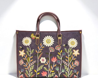 Embroidered Tote Bag with Zipper, Floral Handmade Designer Vegan Leather Bag For Work