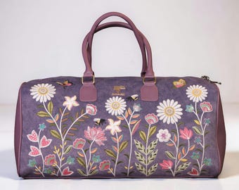 Duffle bag For Women, Embroidered Floral Handmade Weekender Vegan leather Travel Bag