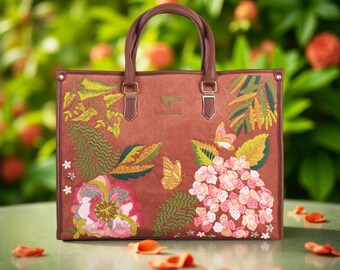 Embroidered Tote Bag, Brown Floral Vegan Leather Designer Unique Work Bag For Women