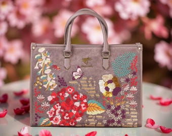 Floral Tote Bag, Embroidered Vegan Leather Designer Vintage Crossbody Shoulder bag for women