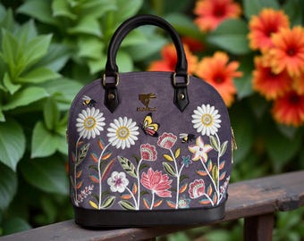 Floral Purse for Women, Embroidered Designer Vintage Purple Vegan Leather Nature Inspired mini handbag