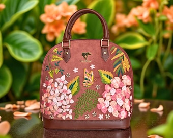 Embroidered Handbag Brown Vegan Leather: Floral Designer Cotton Thread Work on Suede Velvet