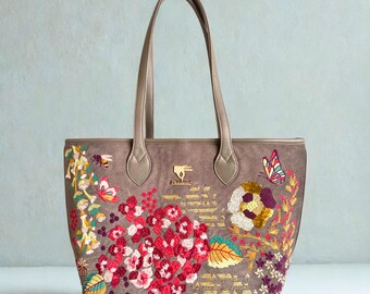 Floral Tote Bag, Embroidered Designer Vintage Vegan Leather Large Weekender Tote For Women