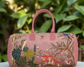 Embroidered Weekender Duffle bag for Women, Pink Leather Gym Overnight Travel Duffel bag