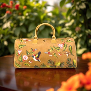 Travel Duffle Bag: Golden Weekender with Adjustable Strap, Floral Embroidery on Suede Velvet Fabric