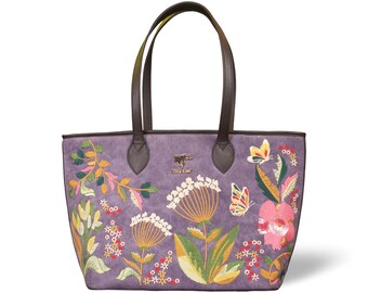 Purple Embroidered Wildflower Tote Bag with Butterflies