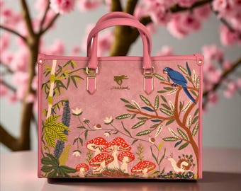 Crossbody Bag Pink Embroidered Vegan Leather Shoulder bag for Women Vintage Designer laptop Tote