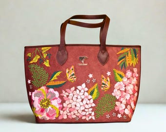 Embroidered Tote Bag for Women, Brown Vegan Leather Shoulder Bag, Floral Boho Travel Tote, Large Designer Handbag, Gift for Her