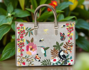 Embroidered Bag: Crossbody Shoulder Bag with laptop compartment , Handmade Floral Purse For Women