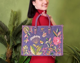 Embroidered Tote Bag, Large Handmade Floral Vegan Leather Vintage Crossbody Purse