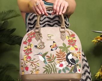 Embroidered Handbag for Women, Beige Floral Bird Top Handle Purse