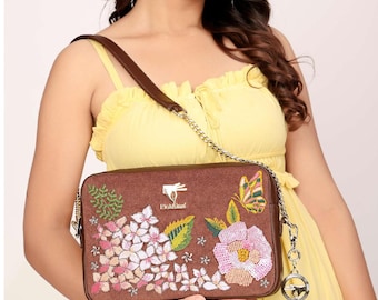 Crossbody Bag Damen, Embroidered Sling bag for Women ,Brown Vegan Leather Wedding Purse